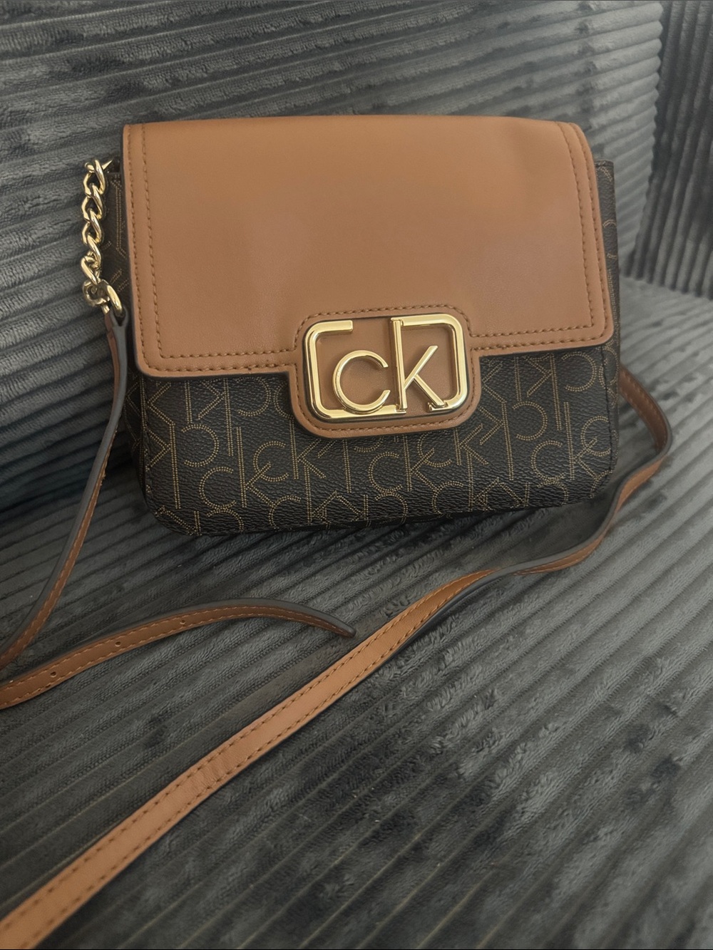 Calvin Klein Tan & Brown Monogram Crossbody Bag with Gold Hardware